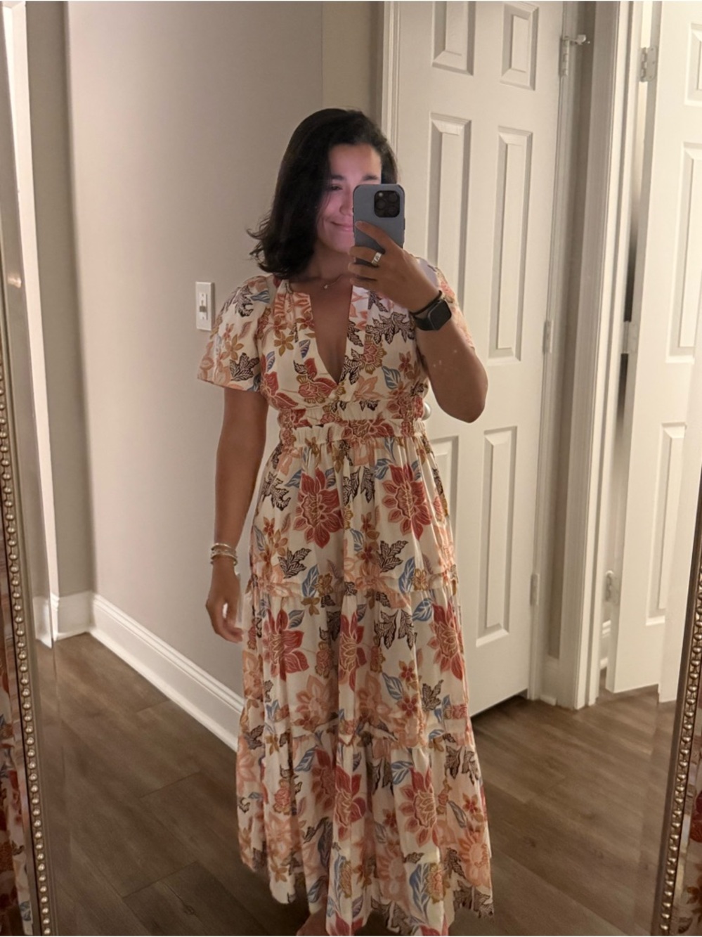 Anthropologie Maxi Dress with Rust and Blue Floral Print